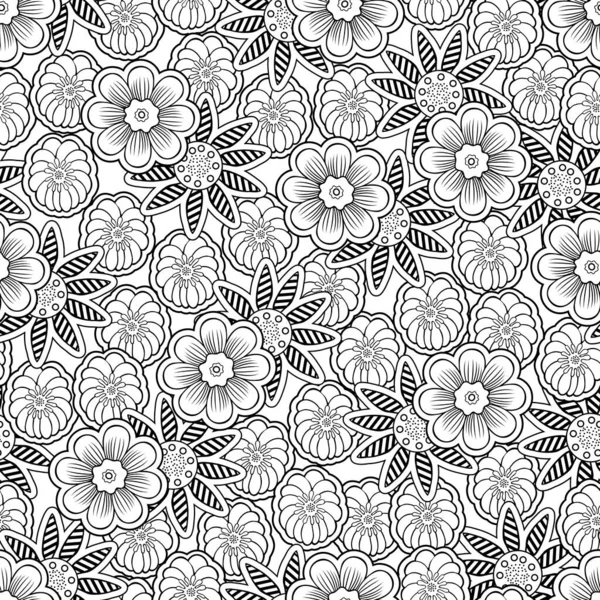Doodle Flowers Seamless Pattern Linear Outline Floral Background Coloring Black — Stock Photo, Image