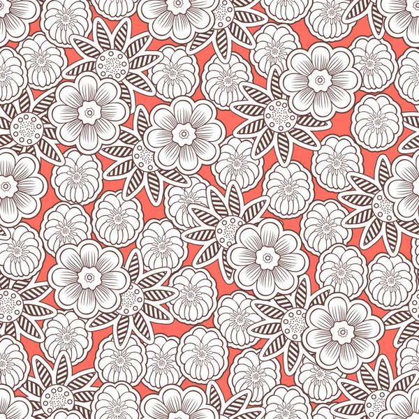 Doodle flowers seamless pattern, outline floral background. Brown white flower bud on coral backdrop, hand drawing, monochrome ornament for fabric design, wallpaper, print. Vector illustration