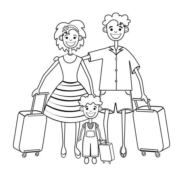 Family Goes Vacation Coloring Silhouette Black White Linear Drawing Outline — Stock Photo, Image