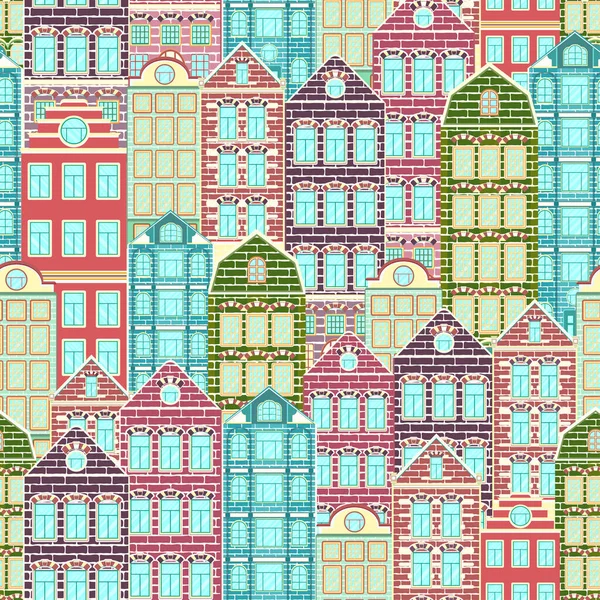 五颜六色的房子无缝布局 城市背景 城市景观 五彩斑斓的欧洲砖房 平板画 建筑装饰 矢量插图 织物设计用墙纸 — 图库照片