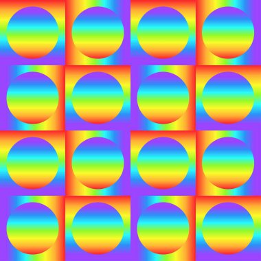 Çok renkli gradyan kareler ve daireler, gökkuşağı renk soyut süslemesi, prizma grafik dokusu olan geometrik dikişsiz desen. Dekoratif geometri arka planı, renkli yüzey. Vektör illüstrasyonu