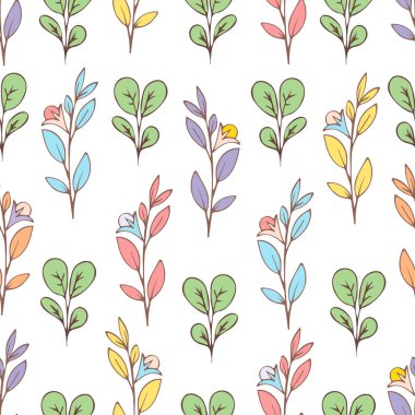 Renkli çiçeksiz desen, karalama karikatürü çizilmiş çiçekler, egzotik doğal arka plan, el çizimi. Çok renkli bitki dalları, tomurcukları, taç yaprakları ve yaprakları beyaz arka planda. Vektör illüstrasyonu