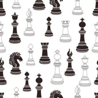 Satranç taşları kusursuz, satranç oyuncuları düz siyah beyaz çizim, siluet. Piyon, papaz, vezir, fil, at, beyaz arka planda kale, kumaş tasarımı, duvar kağıdı. Vektör illüstrasyonu