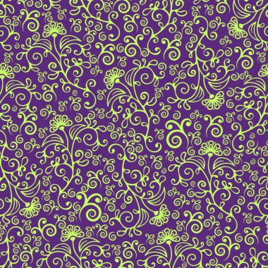 Girdap şeklinde soyut, dikişsiz desenler, açık yeşil, mor arka planda kıvrımlı süsler, parlak renkli yapraklar ve çiçek tomurcukları. Kumaş tasarımı, tekstil dekorasyonu için. Vektör illüstrasyonu