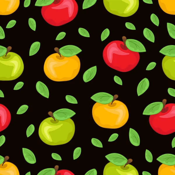 黄色和绿色的苹果和五彩斑斓的叶子 色彩斑斓的多汁果实在黑色的背景 面料设计 色彩艳丽的印花 可爱的壁纸 矢量说明 — 图库照片
