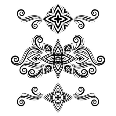 Vektör soyut süslemeleri, kıvrımlar, çiçekli kıvrımlar, çizgi şeklinde etnik çizimler. Çerçeve tasarımı, sınır, parmak izi, dövme için beyaz arkaplanda izole edilmiş siyah vintage izler