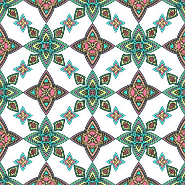 Soyut renkli süslemeler, doğuya ait kıvrımlar, çiçekli, kıvrımlı, açılımlı desenler. Beyaz arka planda çok renkli bir iz sürücü. Kumaş tasarımı, duvar kâğıdı, baskı için. Vektör illüstrasyonu