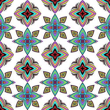 Soyut renkli süslemeler, doğuya ait kıvrımlar, çiçekli, kıvrımlı, açılımlı desenler. Beyaz arka planda çok renkli bir iz sürücü. Kumaş tasarımı, duvar kâğıdı, baskı için. Vektör illüstrasyonu