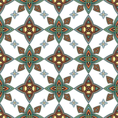 Soyut renkli süslemeler, doğuya ait kıvrımlar, çiçekli, kıvrımlı, açılımlı desenler. Beyaz arka planda çok renkli bir iz sürücü. Kumaş tasarımı, duvar kâğıdı, baskı için. Vektör illüstrasyonu