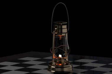 Natürmort. Siyah arka planda ateş olan gaz lambası. 3d görüntü.