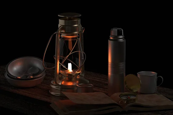 Natürmort. Siyah arka planda ateş olan gaz lambası. 3d görüntü.