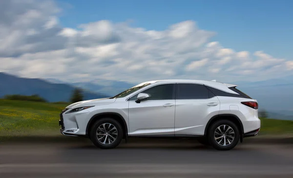 Bulanık doğal bir arka planda Lexus beyaz araba.