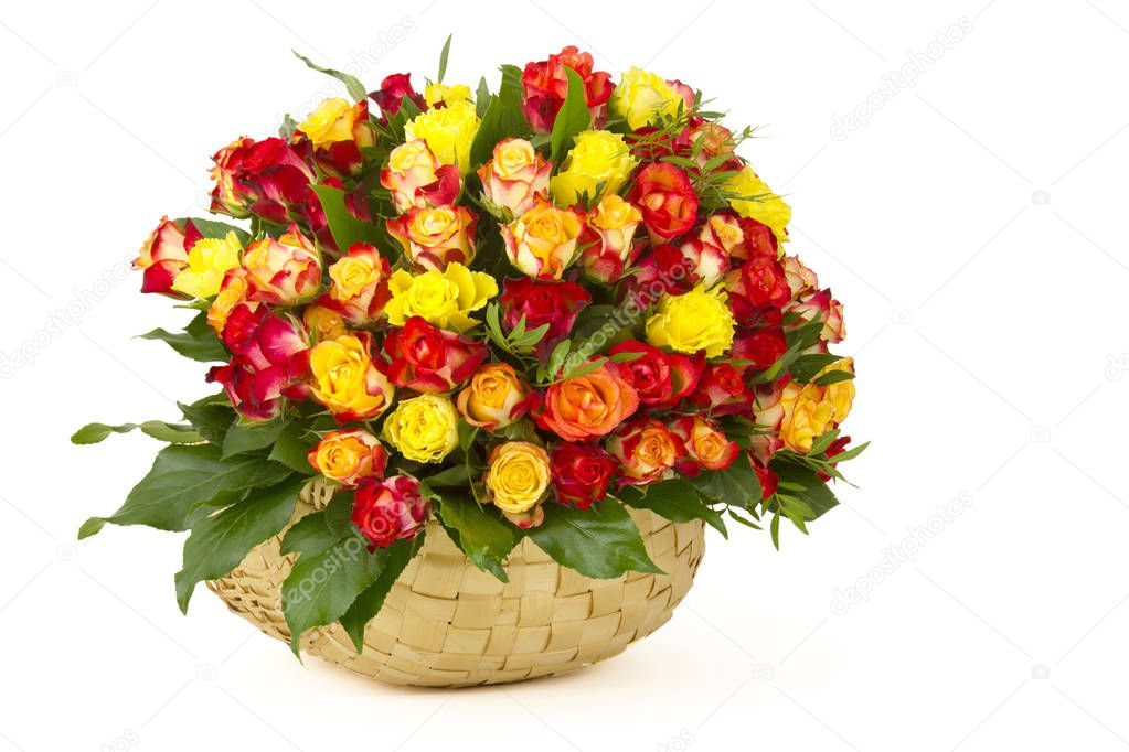 A bouquet of multicolored roses in a basket