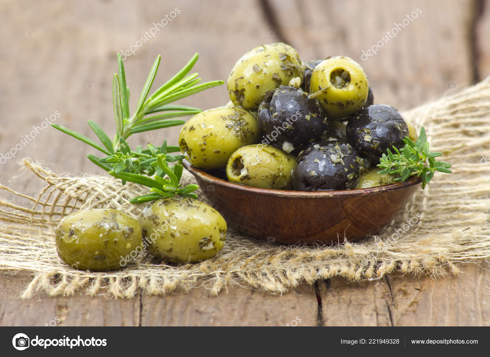 Black Green Olives Marinated Garlic Fresh Mediterranean Herbs ⬇ Stock