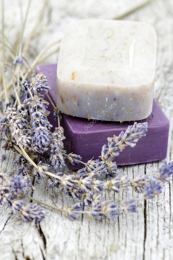 natural soap with dried lavender branches, close up view