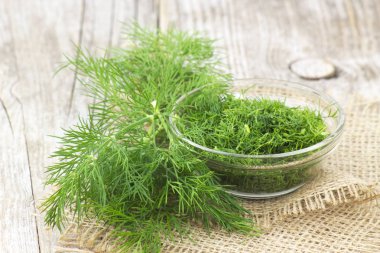 Ahşap arka plan üzerinde taze dereotu