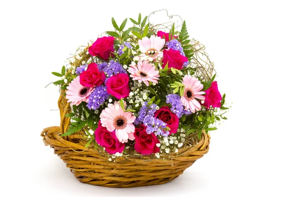 Colourful Flowers Basket Isolated White Background — Stock Photo, Image