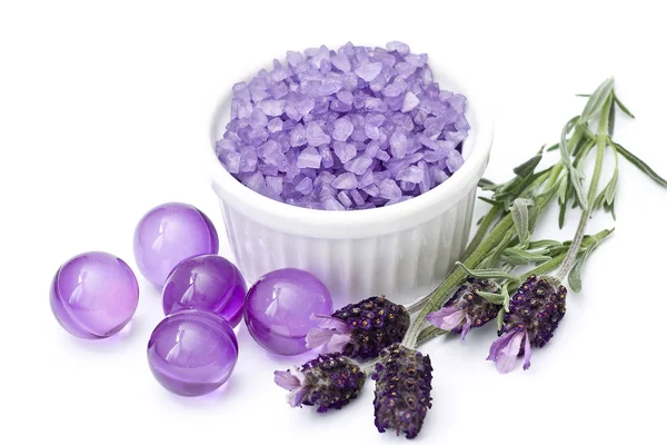 Bath Salt Oil Pearls Flowers Lavender Isolated White Background — Stock Photo, Image