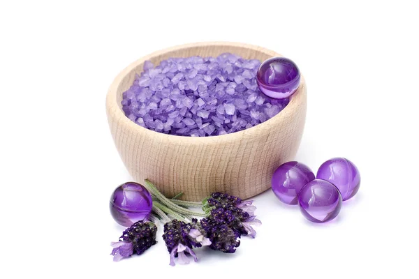 Bath Salt Oil Pearls Flowers Lavender Isolated White Background Stock Photo