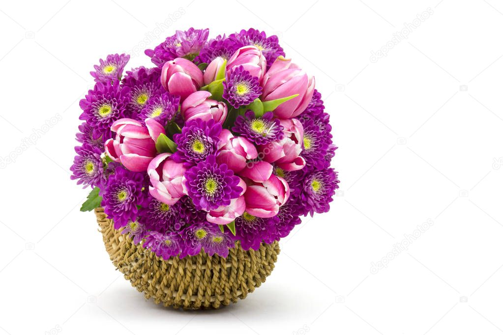 Bouquet made of tulips and chrysanthemum flowers isolated on white background
