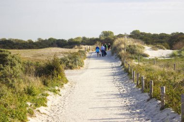 Renesse - Ekim 21 2018: plaj, Hollanda dunes bir yolda yürürken bilinmeyen insanlar