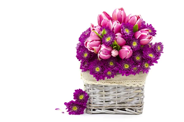 Strauß Aus Tulpen Und Chrysanthemenblumen — Stockfoto