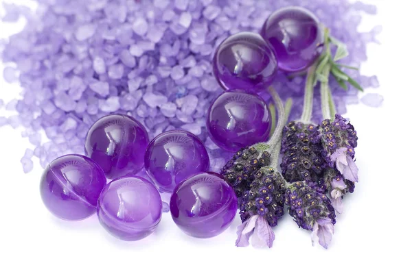 Spa Essentials Bath Salt Oil Pearls Flowers Lavender — Stock Photo, Image