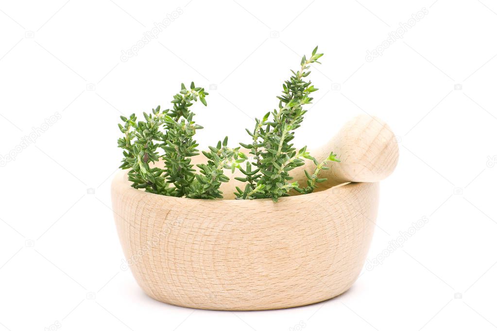 fresh thyme and wooden mortar