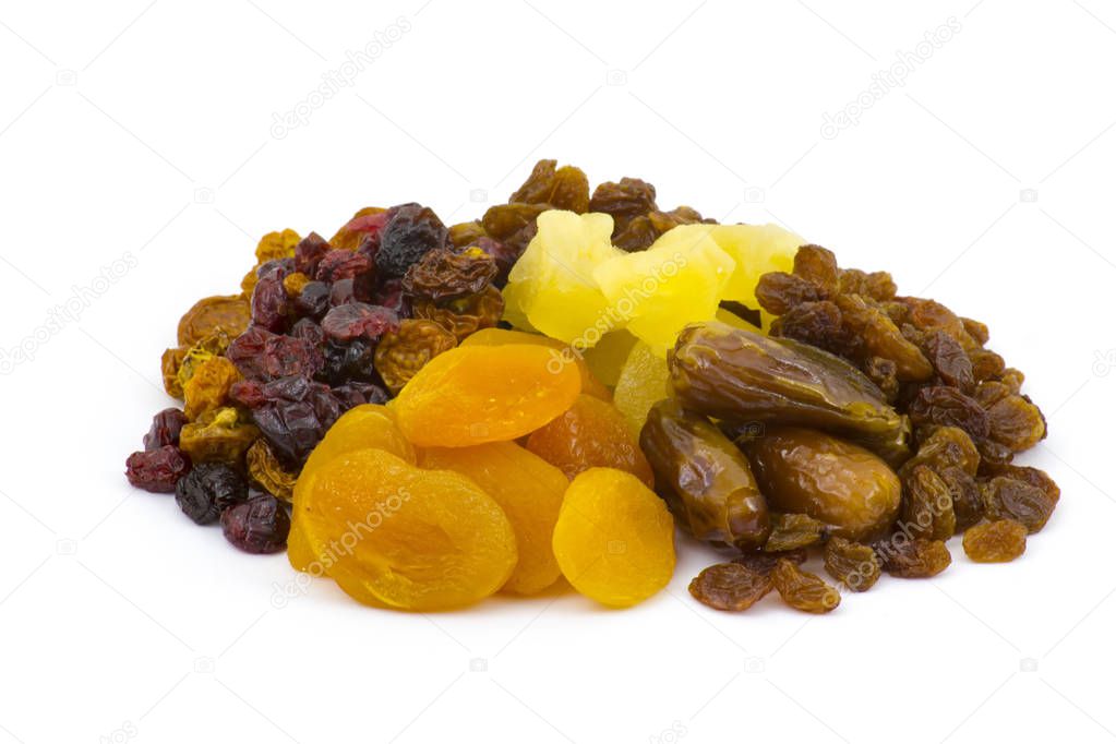 different dried fruits on white background 