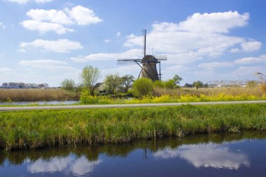 ünlü turist sitesi Kinderdijk at yel değirmenleri ile kırsal peyzaj 