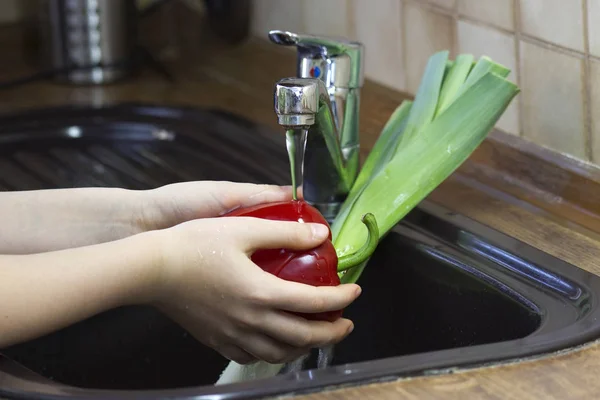 view of hands washing vegetables