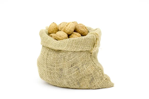 Burlap Sack Full Whole Walnuts Isolated White Background — Stock Photo, Image