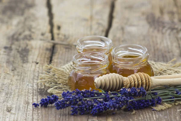 Méz és levendula fa háttéren — Stock Fotó