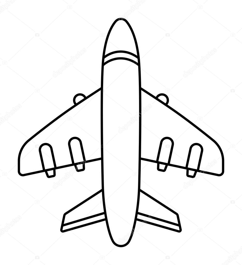 Airplane icon, view from below. Vector black line sign. Monochrome outline plane symbol. Single aircraft pictogram, editable stroke jet with engines