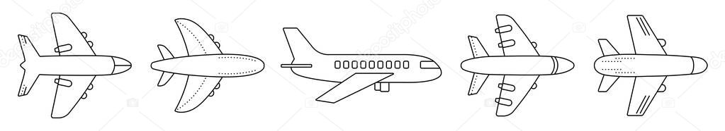 Airplane black line icon set, vector monochrome outline plane sign collection, aircraft pictograms with editable stroke
