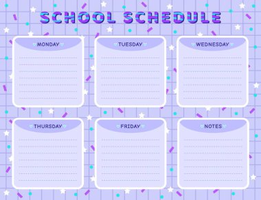 Vektör okulu çizelgesi mavi renklerde. Okul çocukları ve öğrencileri için zaman çizelgesi, karalama karikatür tasarımı, karalanmış geçmişi ve konfetisi olan haftalık ders planlayıcısı.