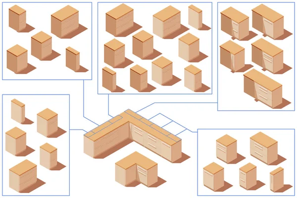 Low poly Vector isometric kitchen floor cabinets — Stock Vector