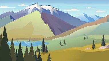 Modern peyzaj arka plan ağaçları ve dağ zirveleri