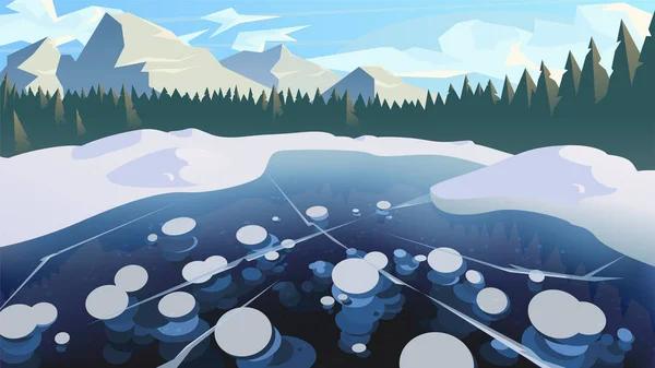 Fondo de paisaje invernal moderno de un lago de bosque congelado y picos de montaña — Vector de stock