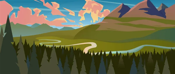 Paisaje moderno árboles y picos de montaña — Vector de stock