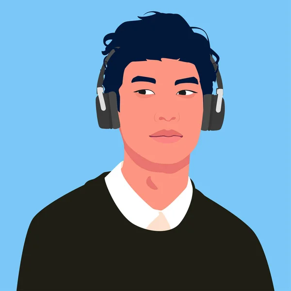 Pria Asia mendengarkan musik di headphone - Stok Vektor