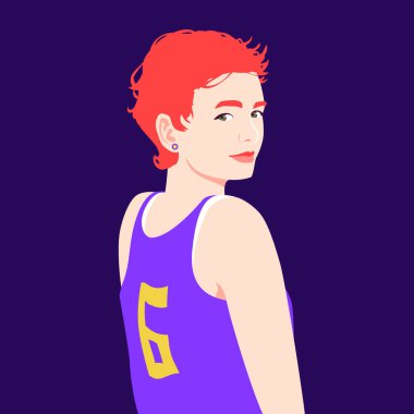 Basketbol üniformalı mutlu, kızıl saçlı bir kızın portresi.