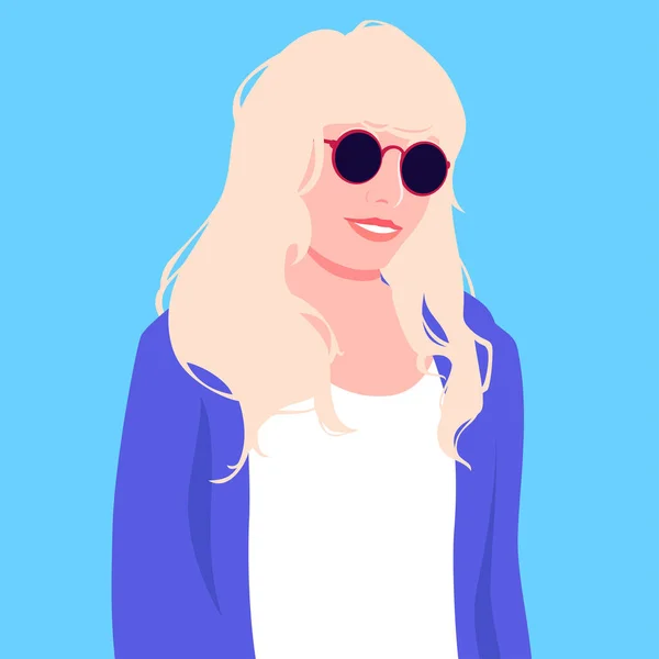 Retrato de mujer rubia con pelo largo en gafas de sol — Vector de stock