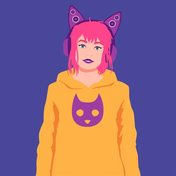 Portrait of a girl in headphones with cat ears — Stock Vector