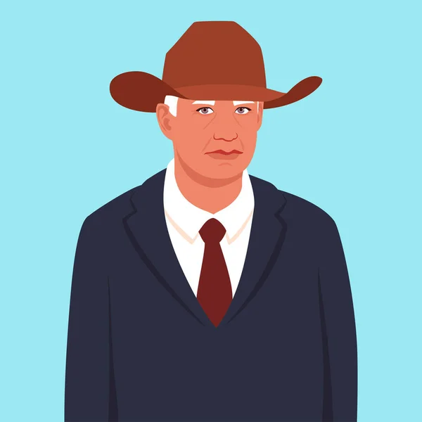 Potret seorang pria tua dalam setelan jas dan topi koboi - Stok Vektor