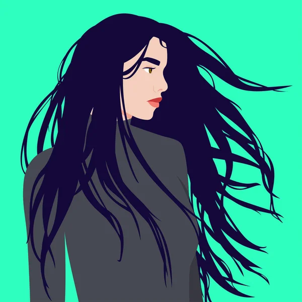 Perfil de una mujer con el pelo largo en el viento — Vector de stock