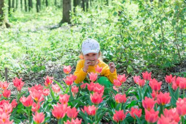 Bir çocuk, küçük bir kız bir bahar parkında güzel kokulu mercan lalelerini kokluyor..