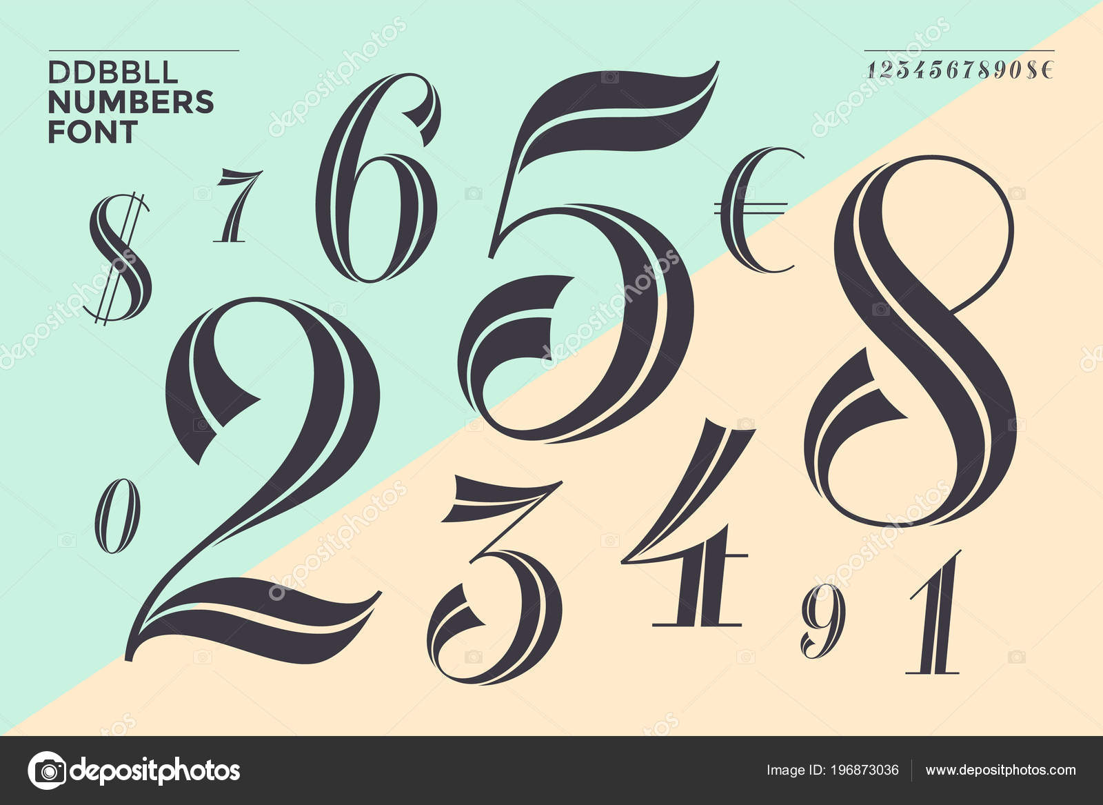 Ddbbll 数字字体在古典几何设计为横幅问候卡片美丽典雅的数字欧元符号复古和复古排版矢量插图图库矢量图©FoxysGraphic 196873036