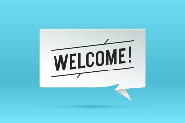 Hoş geldiniz. Kağıt kabarcık bulut konuşma ve gölge, metin hoş geldiniz iletisiyle. Beyaz kağıt bulut konuşmak siluet, metin hoş geldiniz izole. Vektör çizim