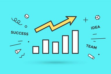 Büyüme grafik simgesi. Çizgi grafiği içindeki büyüme grafiği. Bir mavi nane arka plan ve patlayıcı memphis grafik öğesi, metin üzerinde başarı, fikir, takım izole büyüme grafik simge. Vektör çizim